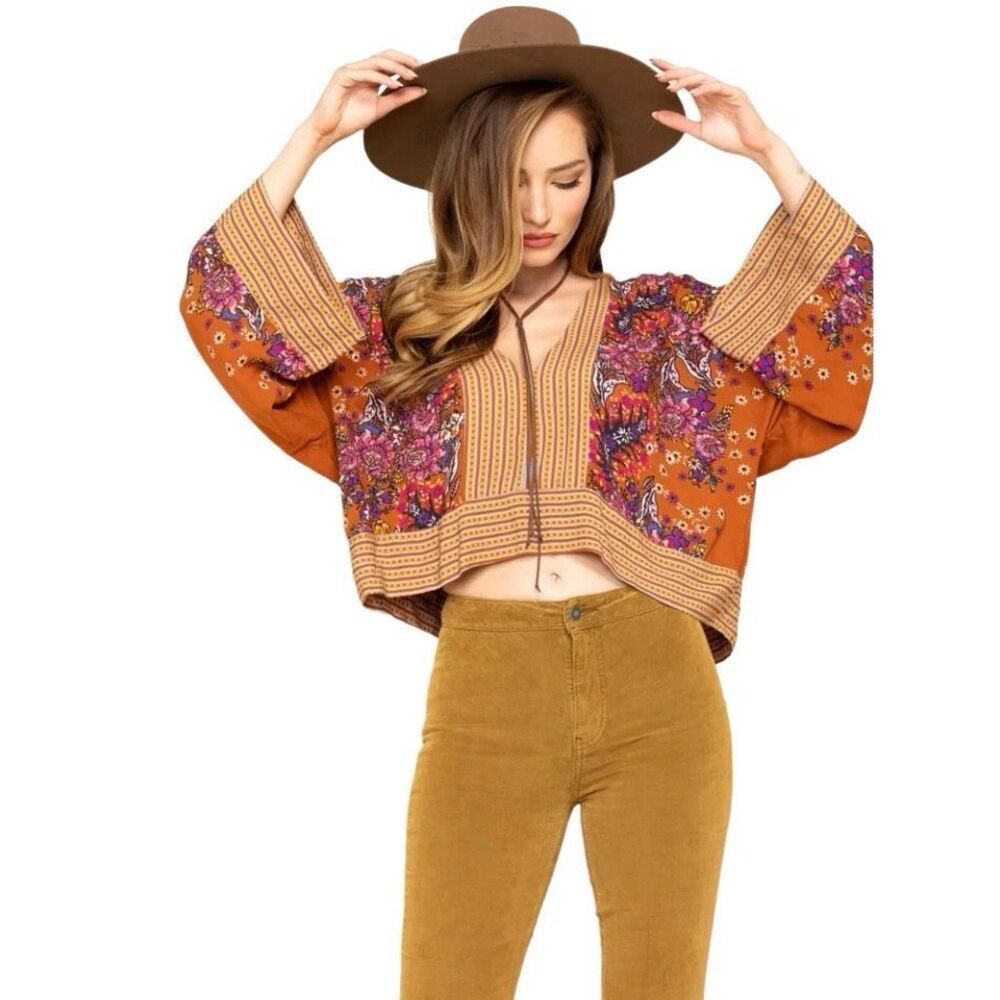 Free People Mix N Match Bohemian Flounce Sleeve Blouse In Burnt Orange Small